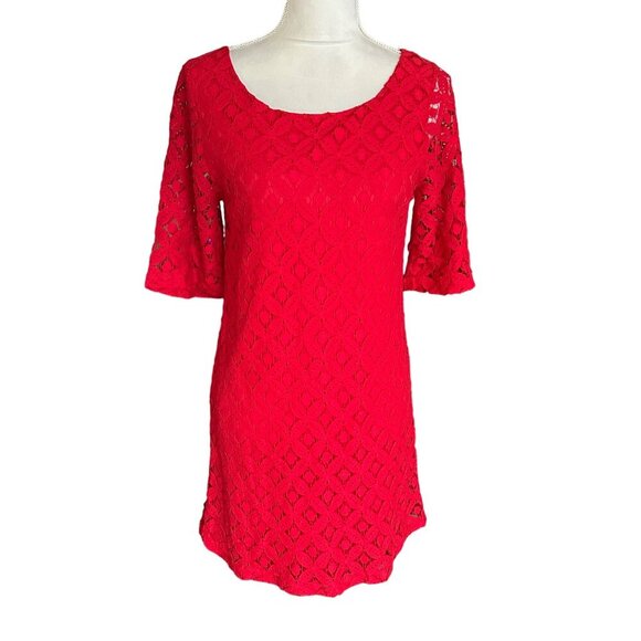 Love Notes Size M Red Lace Dress Bell Sleeves Oversized Zipper Classic Demure - Picture 2 of 11